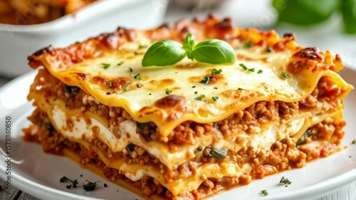 Delicious lasagna square portion served on a white plate, layered with pasta, ricotta cheese, beef meat sauce and topped with melted mozzarella cheese.
