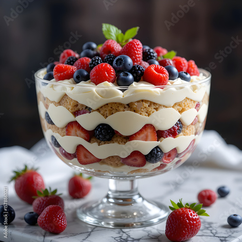 Tiramisu Trifle with Berries in a Glass Bowl A colorful mix of classic tiramisu and fresh mixed berries—blueberries, raspberries, and strawberries—layered beautifully in a trifle bowl with dramatic li