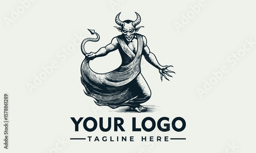 Vintage style logo featuring a demonic figure in motion, with flowing cape and horns.