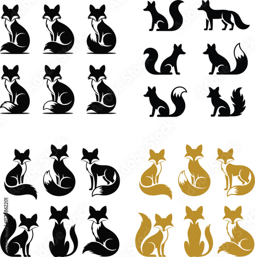Black and gold foxes in various poses silhouette sitting