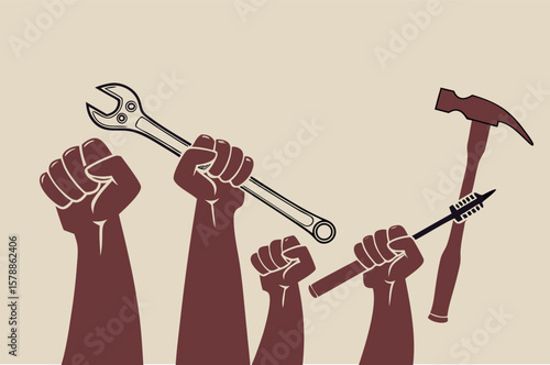 Silhouetted Hands Holding Tools in Protest Style Vector Illustration