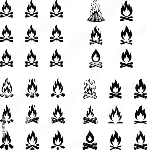 Campfire icons burning wood flames vector