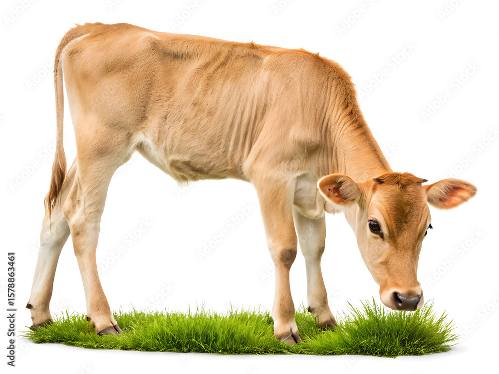 Fototapeta premium A light brown calf grazing on a patch of green grass against a plain white background in studio shot