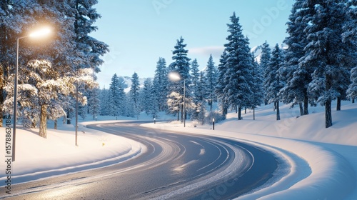 Snowy winter road through pine forest