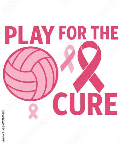 Play for the Cure Volleyball Pink Ribbon Breast Cancer Awareness Design – Sports Fundraising and Support Illustration and transparent background