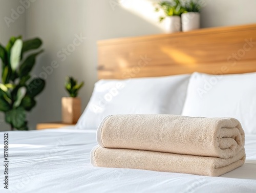 Soft beige blankets rolled on a bed sunlight interior