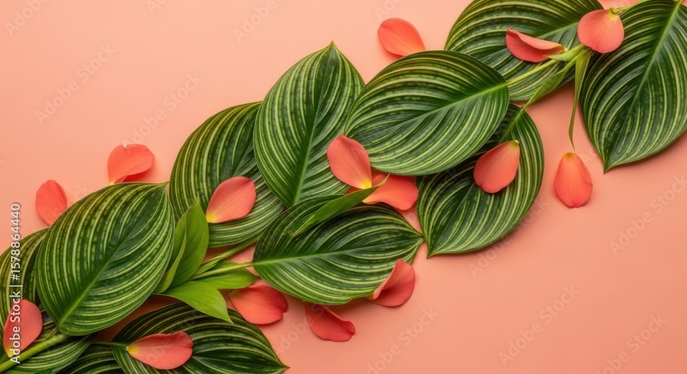 Naklejka premium Green leaves and coral petals on peach background nature