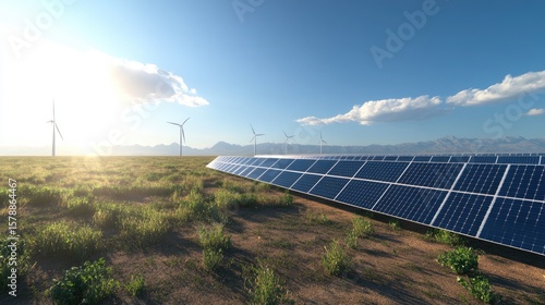 Solar panels in desert landscape