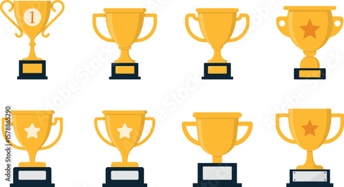 Flat gold trophy vector set with different cup shapes and bases, star and number icons for award, ranking, and competition themes