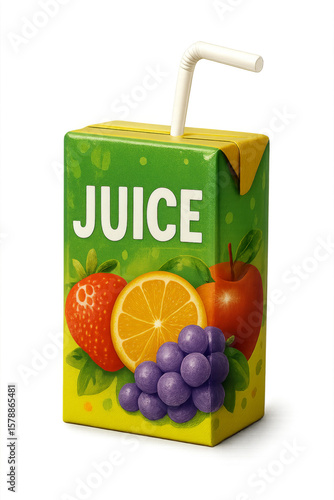 Small juice carton with drinking straw on transparent background