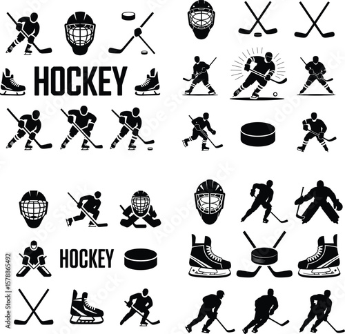 Hockey players sticks pucks masks skates vector