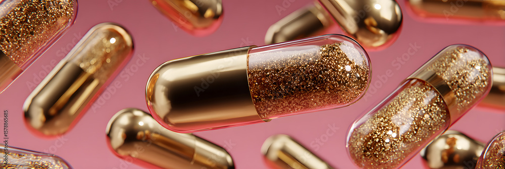 Naklejka premium edible retinol supplements golden gel capsules floating, brown background.