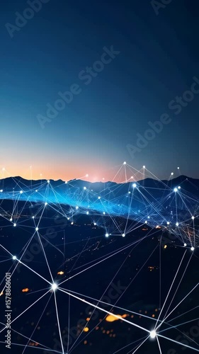 Network of glowing white lines connecting over mountains at dusk with city lights below, technology and connection concept