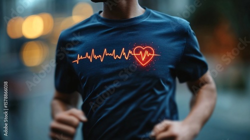 Man jogging in smart shirt with digital heart rate graph illustrating wearable fitness and health monitoring technology.