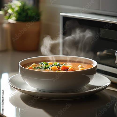 Steaming bowl of soup on kitchen counter