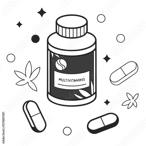 Multivitamins in a bottle surrounded by colorful capsules and floral elements on a white background