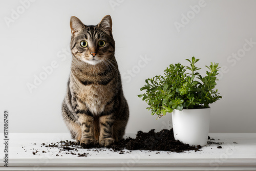 A cat sits beside a tipped-over plant, surrounded by scattered dirt on a clean table