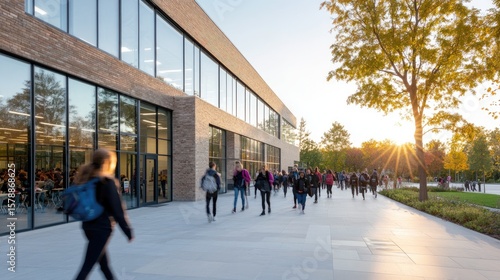 Students walking school exterior plaza