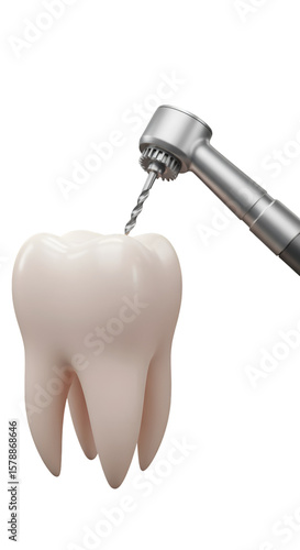 3d Illustration Of Tooth Dental Care with White Tool Drill Isolated
