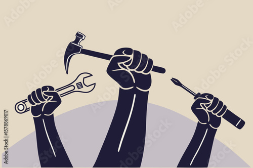 Silhouetted Hands Holding Tools in Protest Style Vector Illustration