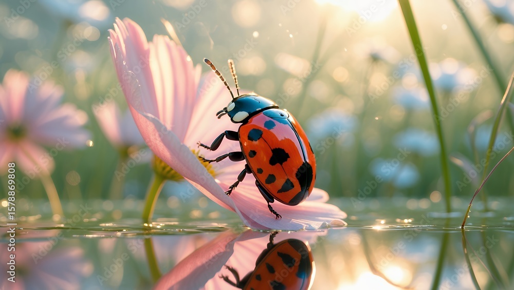 Fototapeta premium Ladybug Resting on Flower Petal in a Tranquil Field