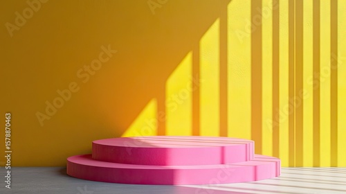 Abstract black and pink podium against a yellow wall for creative product presentation concept 