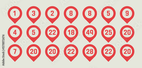 Red Map Markers with Numbers 1 to 49