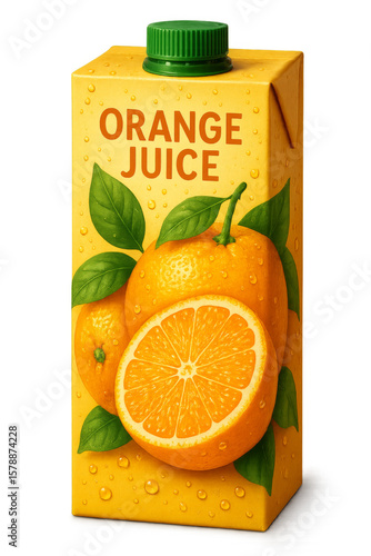 Refreshing orange juice carton with water droplets on transparent background