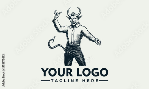 A devilish businessman logo design,  a stylized illustration of a horned, suited demon gesturing playfully.