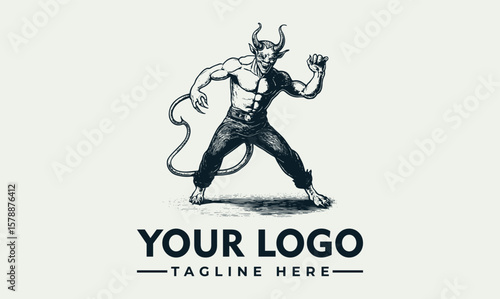 A stylized illustration of a devil figure, posed and ready for action, with text.