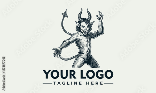 Vintage style logo of a mischievous demon, showcasing a dynamic pose.