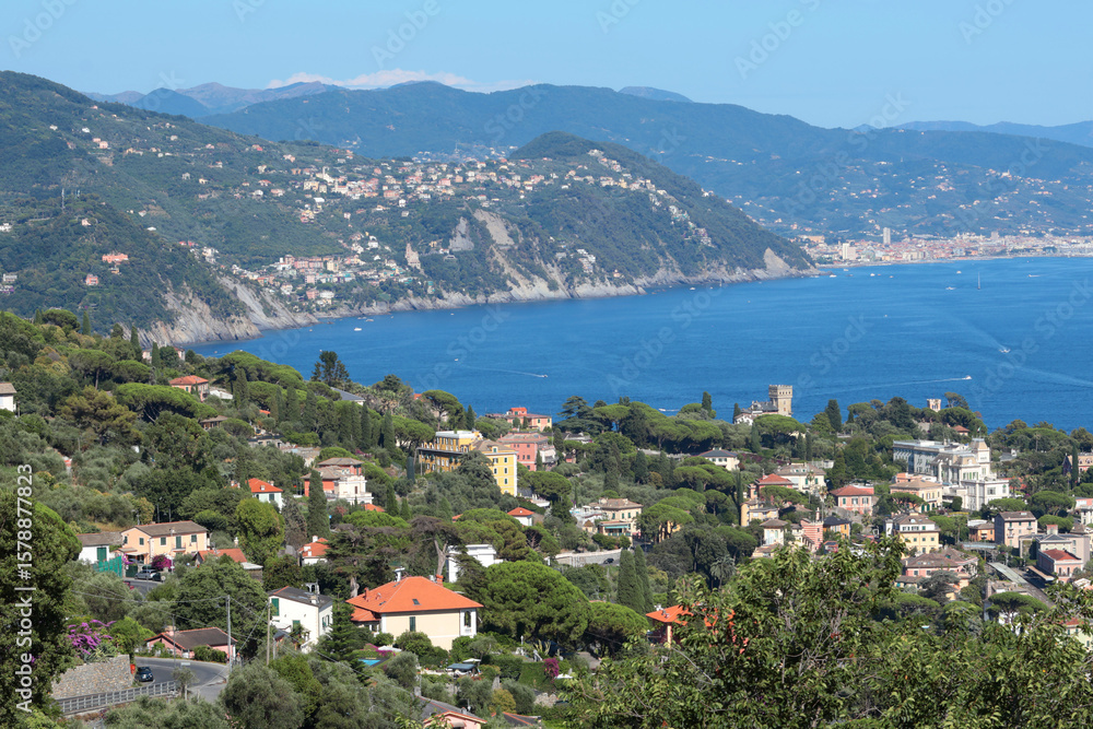 Obraz premium Camogli, Italy - 11 July 2025. Yachts, boats in bay of Liguria. Sea and tourism in Italy. Traditional buildings. Background for design.
