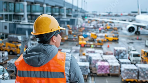 Warehouse worker observing cargo operations at airport during cloudy weather with airplanes in background