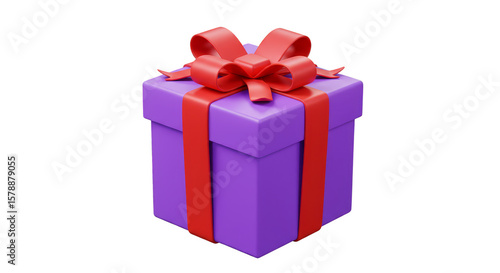 3D Render of Purple Gift Box with Red Ribbon Isolated on Transparent
