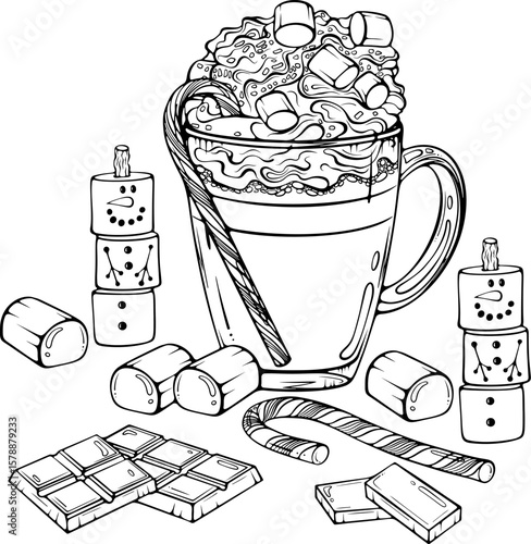 Christmas cappuccino with whipped cream, marshmallows, candy cane, chocolate bars, and marshmallow snowmen. Fun festive winter composition. Vector illustration in hand drawn style isolated on white