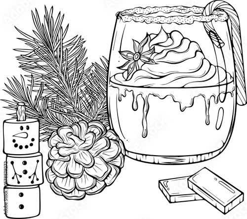 Holiday composition eggnog with whipped cream, candy cane, fir twig, pine cone, and marshmallow snowman. Cozy festive drink arrangement. Vector illustration in hand drawn style isolated on white