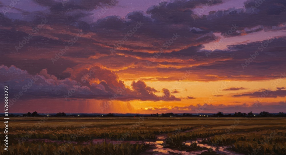Obraz premium Impressionistic painting of a dramatic sunset over a rural landscape with rain