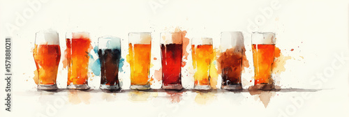 Watercolor beer glasses set on whte background. Isolated different kinds of beer glasses.