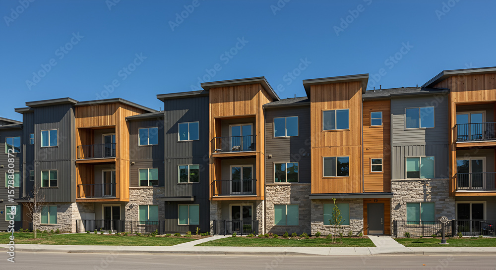 Fototapeta premium a modern multifamily building, finished with Hardie plank siding on the exterior. modern apartment complex with a flat roof, combination of dark metal siding, light wood accents stone veneer,door, fac