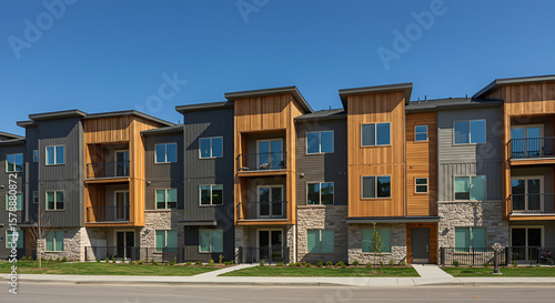a modern multifamily building, finished with Hardie plank siding on the exterior. modern apartment complex with a flat roof, combination of dark metal siding, light wood accents stone veneer,door, fac