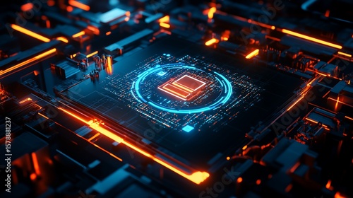 Abstract technology background with glowing digital circuitry and interconnected data paths