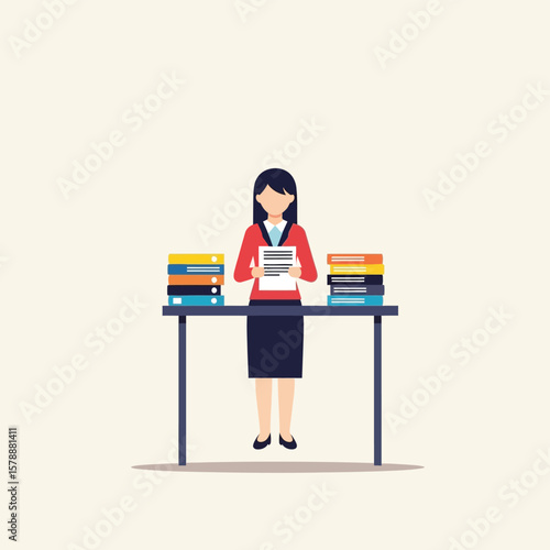 A businesswoman stands at a desk, reviewing documents amidst a pile of files.