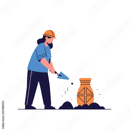 An archaeologist carefully excavates a pottery vessel, meticulously uncovering the artifact.