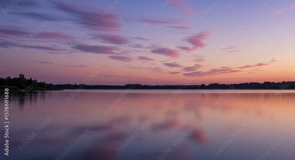 Obraz premium Serene lake reflects vibrant pink and purple clouds at sunset with distant tree line