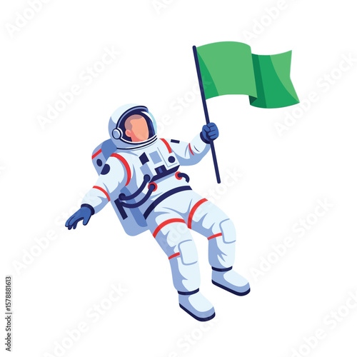 Astronaut in space, floating, holding a green flag, exploration, achievement.