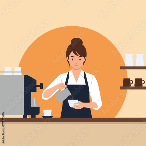 A barista is pouring milk into a cup of coffee at a coffee shop, with an espresso machine nearby.