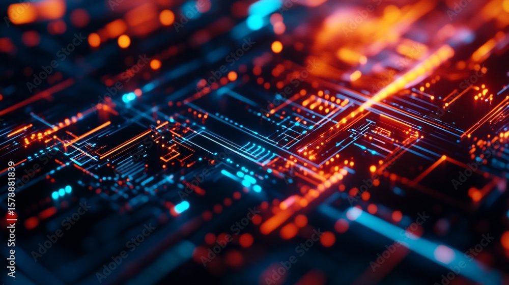 Abstract technology background with glowing digital lines and particles creating a futuristic circuit board design Abstract technology background with glowing digital lines and particles creating a futuristic circuit board design