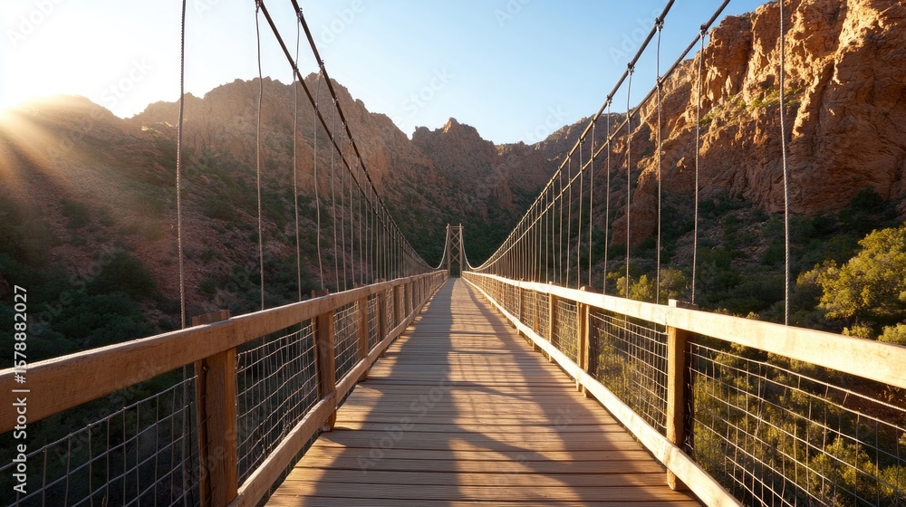 Obraz premium Suspension bridge spans a canyon under sunny skies