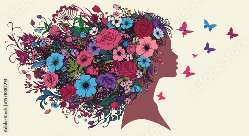 Floral Woman Silhouette with Butterflies