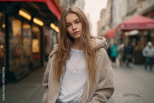 Wallpaper Mural Fashionable woman walking down the street, showcasing urban style and enjoying the city atmosphere Torontodigital.ca